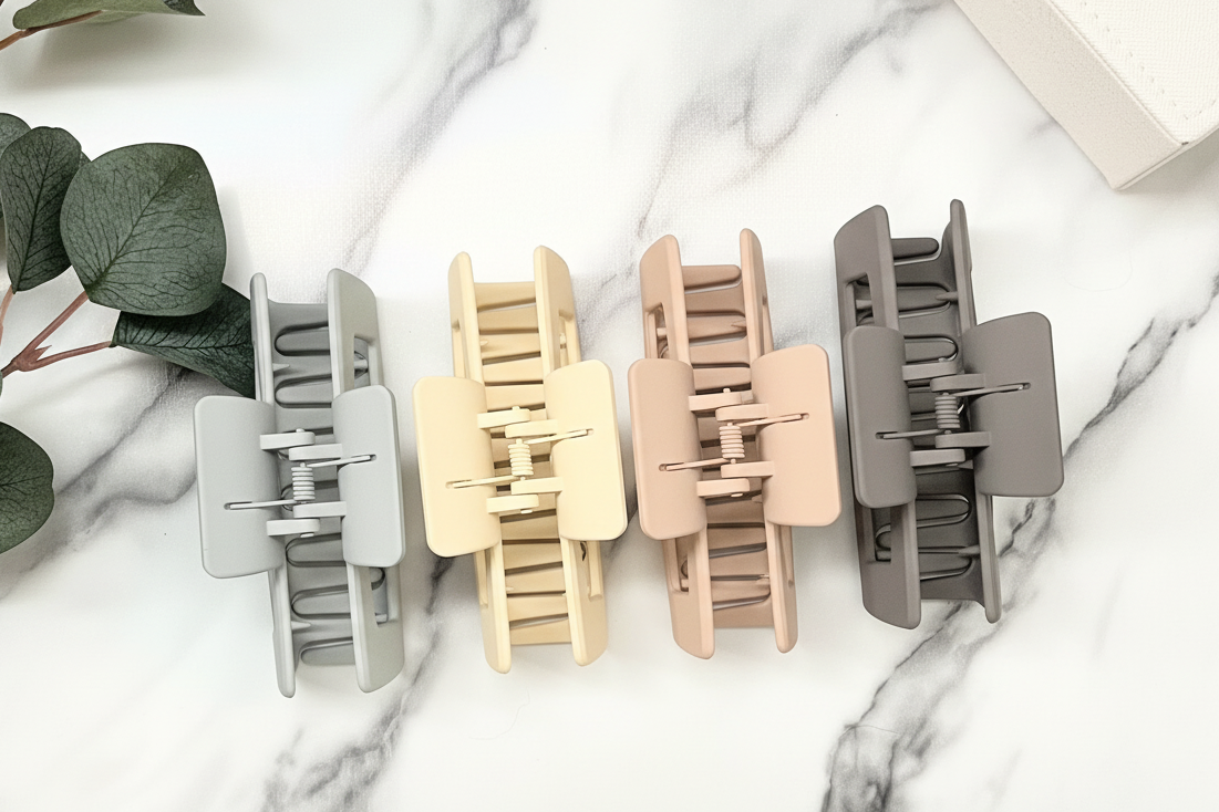 Set of five hair clips in beige, rose purple and gray on a marble surface.
