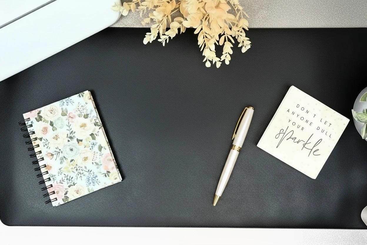 Black desk mat with decorative items on a desk.notebook and pen