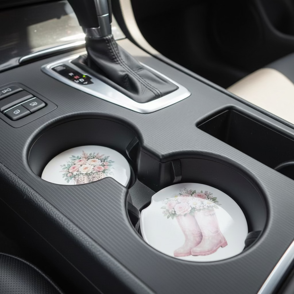 boots with flowers in them on car coasters in car consul