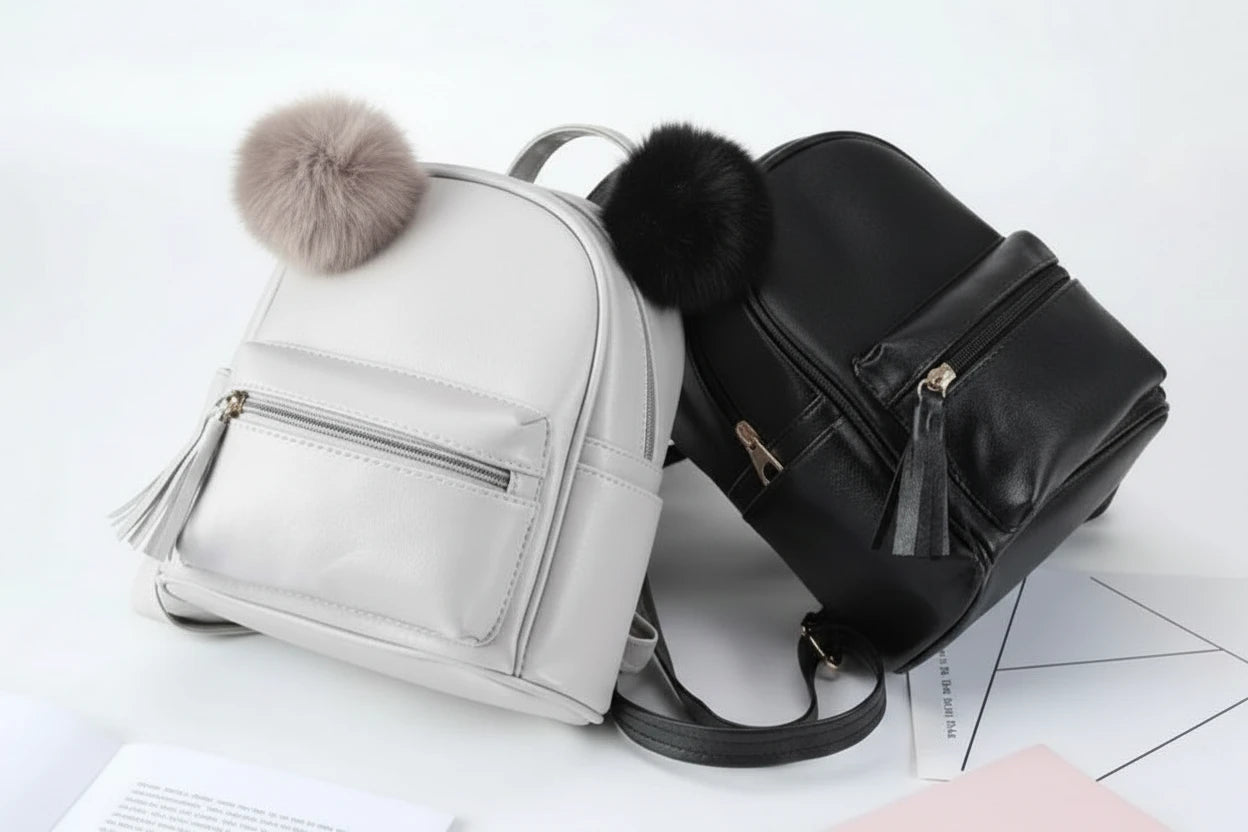 two backpacks in grey  and black with pom-poms on a light background.