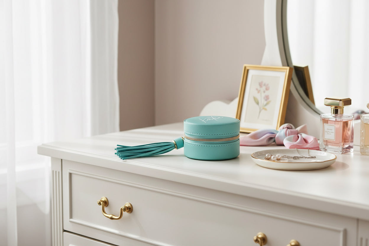 Turquoise round jewelry box with tassel and 'kate' one it on a women's dresser
